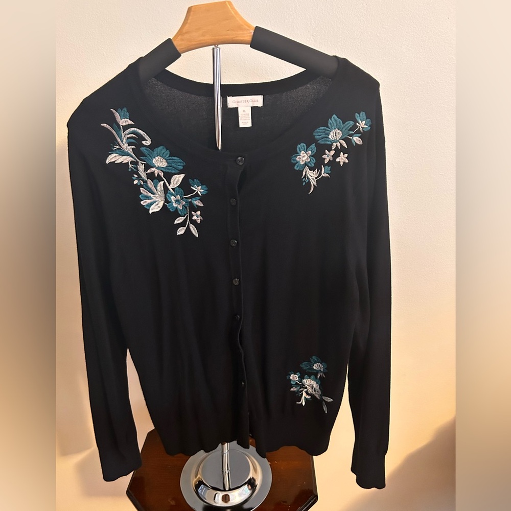 Charter club black button down cardigan with teal color flowers